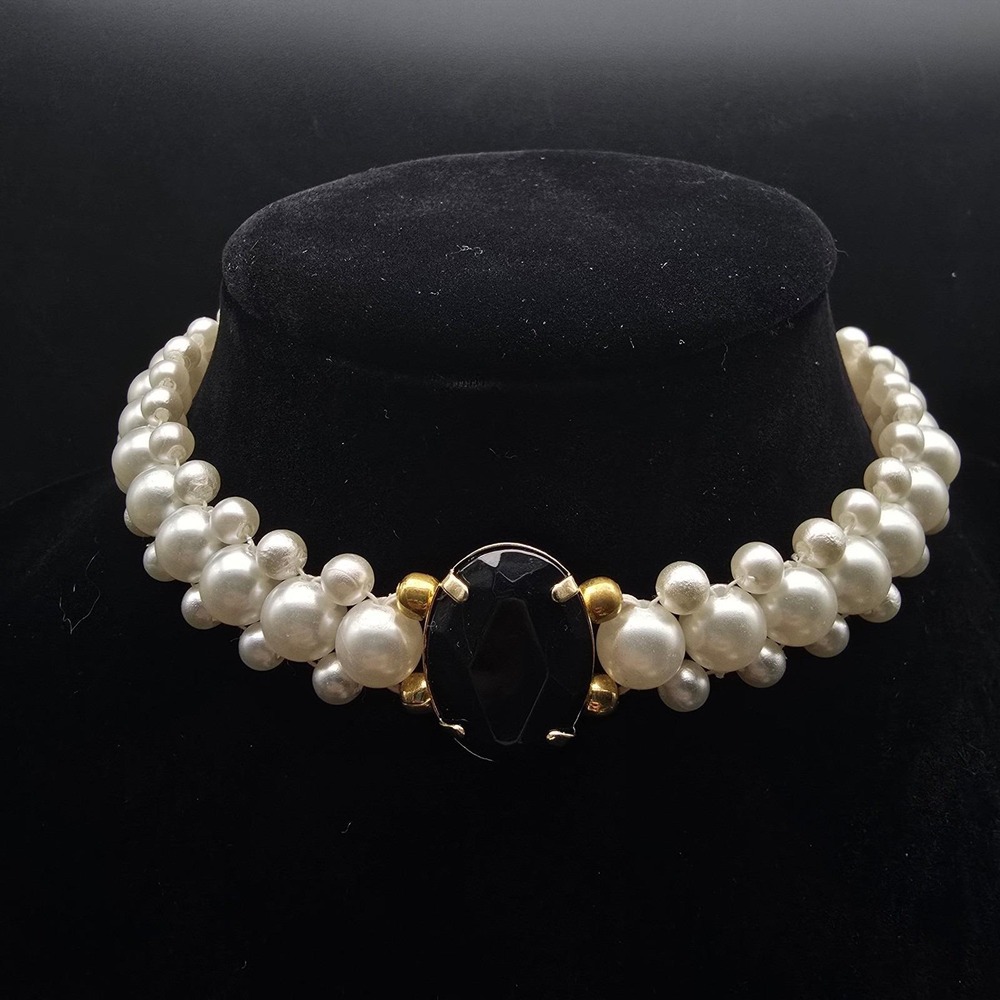 Faux Pearl Black Rhinestone Choker Necklace Vintage 1980s Jewelry